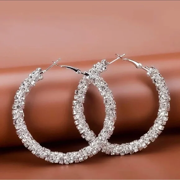 Large Full Rhinestone Hoop Earrings Silver Plated Delicate Jewelry Party Holiday - Picture 4 of 6